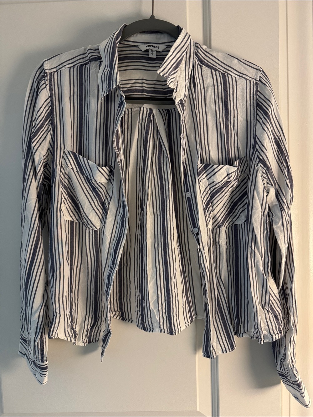 Express Blue and White Striped Collared Cropped Shirt